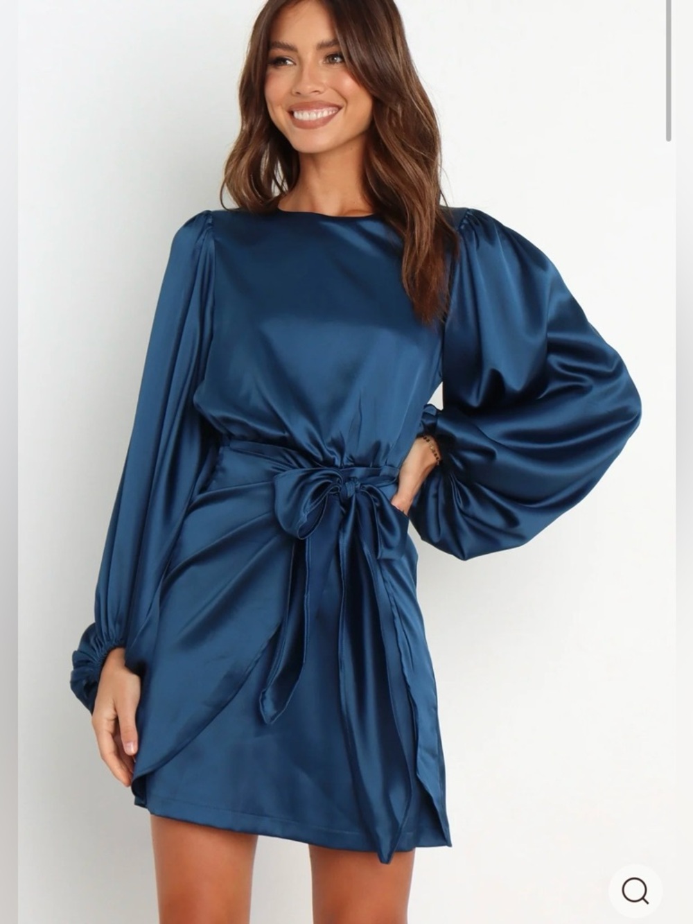 Petal & Pup Opal Teal Satin Long-Sleeve Tie-Waist Mini Dress